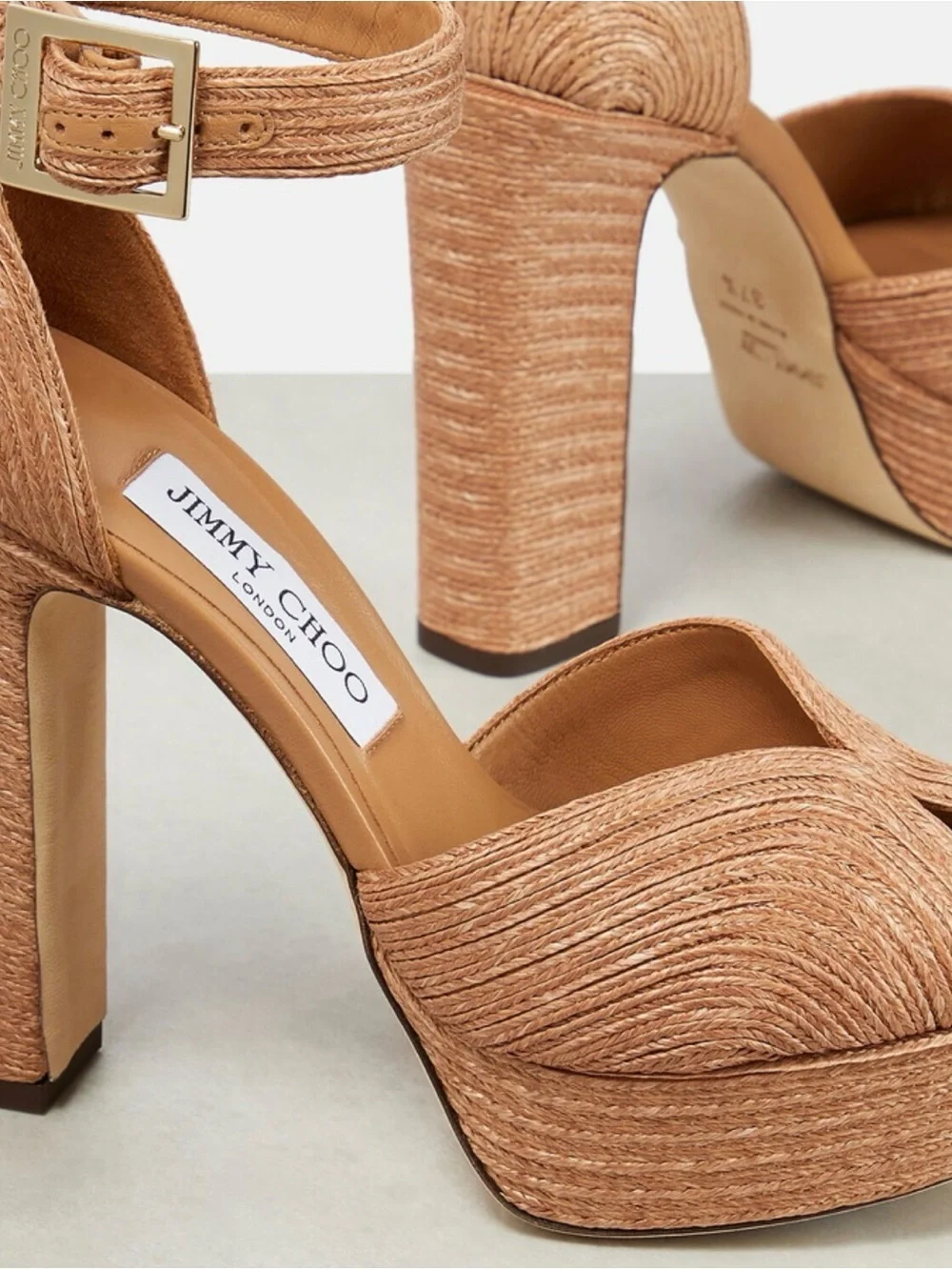 Jimmy Choo Tan Raffia Platform Heels with Ankle Strap